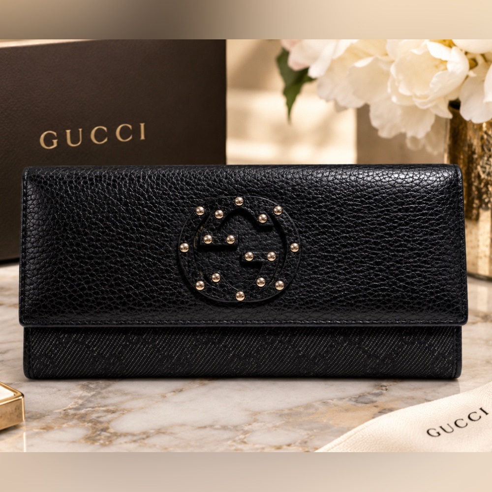 GUCCI 231843 Studded Interlocking GG Long Wallet Pebbled Leather Black Authentic